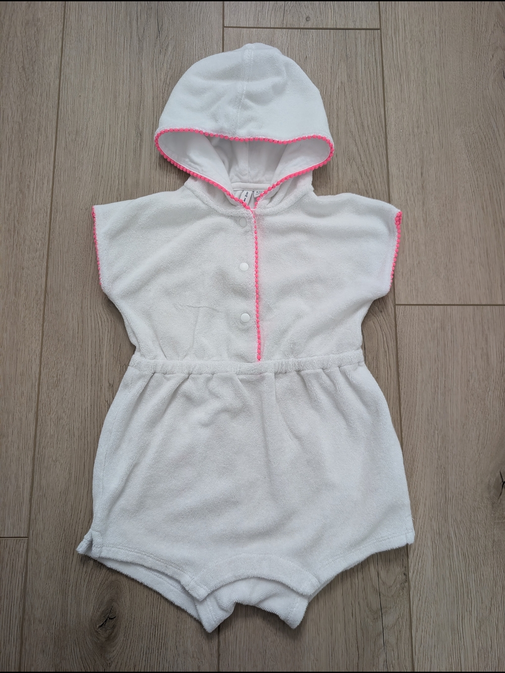 Janie and Jack White Hooded Terry Romper with Pink Pom Trim